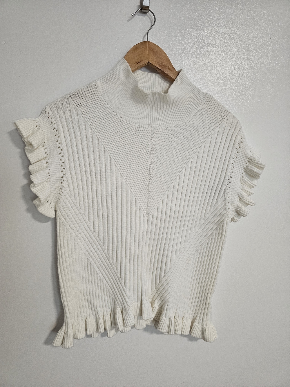 Melissa Nepton Sleeveless Ruffle Trim Mock Neck Knit Top Size Small Preppy Chic
